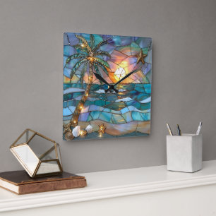Strand Zonsondergang Glas-in-lood Wandklok