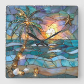 Strand Zonsondergang Glas-in-lood Wandklok (Voorkant)