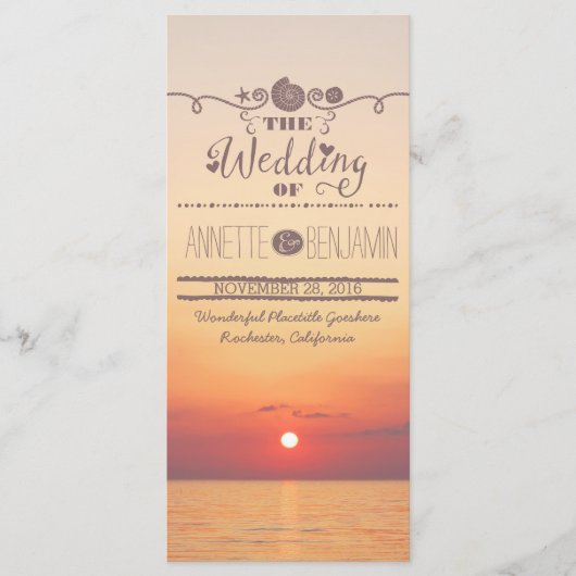 Strand zonsondergang kust bruiloft programma kaart (Voorkant)