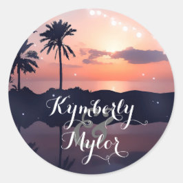 Strand Zonsondergang Lichte Palmen Bruiloft Ronde Sticker
