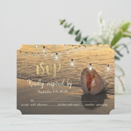 Strand Zonsondergang, Lichtslingers Schelpen RSVP Kaart (Staand voorkant)