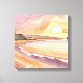 Strand zonsondergang | Mooie aquarelschildering Canvas Afdruk