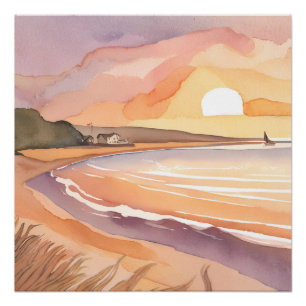 Strand zonsondergang   Mooie aquarelschildering Perfect Poster