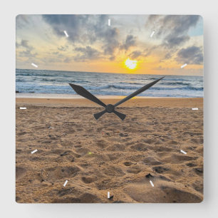 Strand Zonsondergang Oceaan Kustdecoratie Tropisch Vierkante Klok