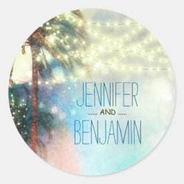 Strand Zonsondergang Palm Lights Waterverf Bruilof Ronde Sticker