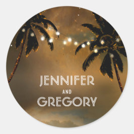 Strand Zonsondergang Palm String Lights Bruiloft Ronde Sticker