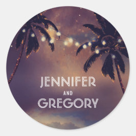 Strand Zonsondergang Palm String Lights Paarse bru Ronde Sticker