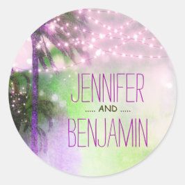 Strand Zonsondergang Palm String Lights Paarse bru Ronde Sticker