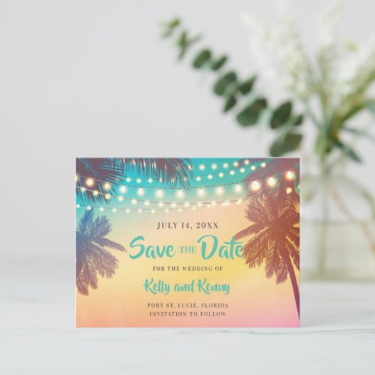 Strand Zonsondergang Palmbomen en Lichten Save the Briefkaart (Staand voorkant)