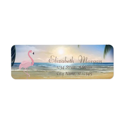 Strand,Zonsondergang,Palmboom, Roze Flamingo Etiket (Voorkant)