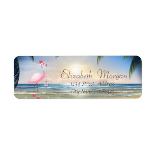 Strand,Zonsondergang,Palmboom, Roze Flamingo Kerst Etiket