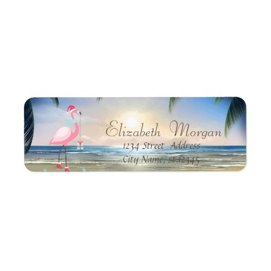 Strand,Zonsondergang,Palmboom, Roze Flamingo Kerst Etiket (Voorkant)