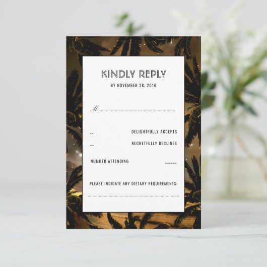 Strand Zonsondergang Palmen Bruiloft RSVP Kaarten Kaartje (Staand voorkant)