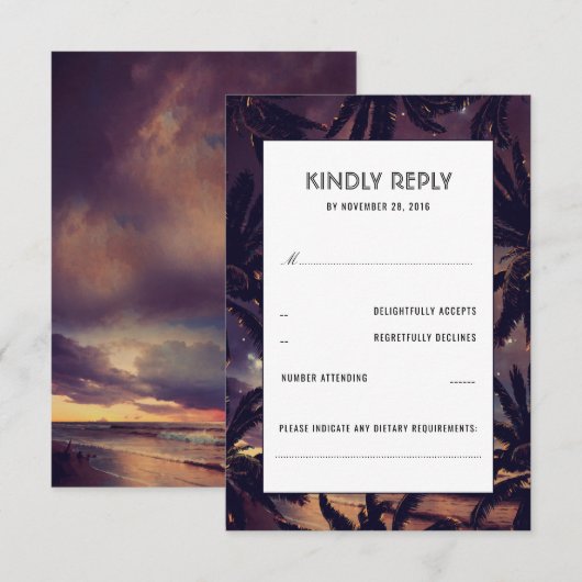 Strand Zonsondergang Palmen Paarse Bruiloft RSVP K (Voorkant / Achterkant)