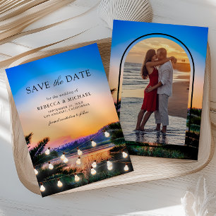 Strand Zonsondergang Slingerlichten Foto Bruiloft Save The Date