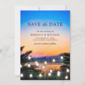 Strand Zonsondergang Slingerlichten Foto Bruiloft Save The Date (Voorkant)