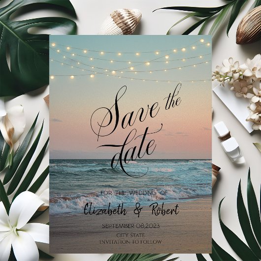 Strand Zonsondergang,Slingerlichten Script Bewaar  Save The Date