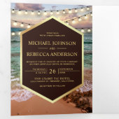 Strand Zonsondergang String Licht Alles in één fot Drieluik Uitnodiging (Binnenzijde eerst)