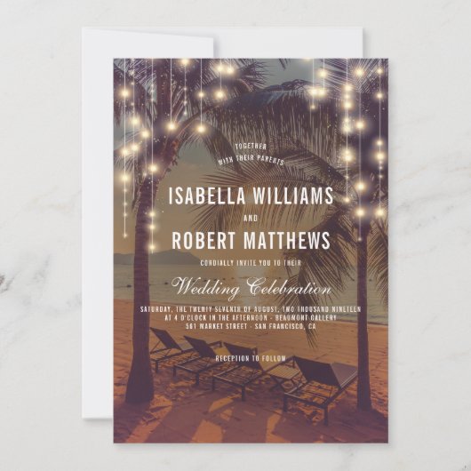  Strand Zonsondergang & String Lights Bruiloft Kaart (Voorkant)