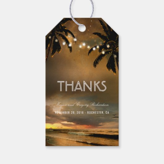 Strand Zonsondergang String Lights Palmen Bruiloft Cadeaulabel (Voorkant)