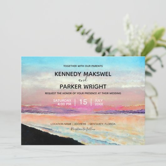 Strand Zonsondergang Thema Bruiloft Uitnodiging (Staand voorkant)