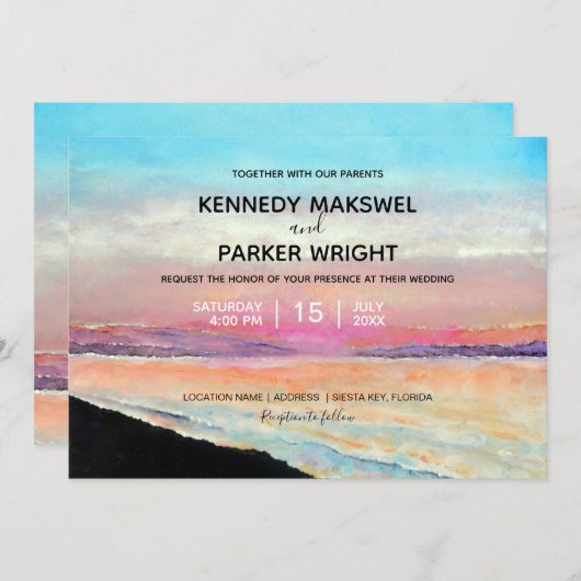 Strand Zonsondergang Thema Bruiloft Uitnodiging (Voorkant / Achterkant)