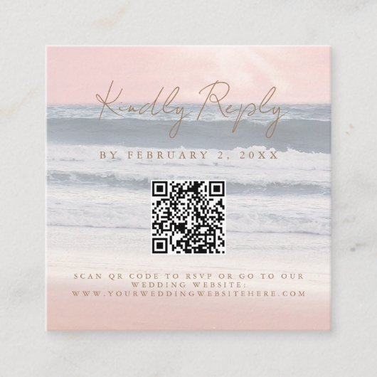 Strand Zonsondergang Zee Bruiloft Scan Code RSVP Informatiekaartje (Voorkant)