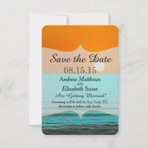 Strand zonsopgang schilderij in oranje lucht en tu save the date