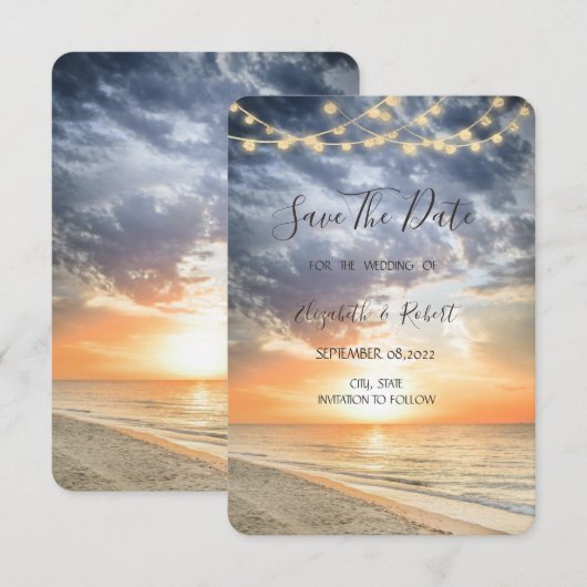 Strand Zonsopgang Slingerlichten Sla de datum op Save The Date (Voorkant / Achterkant)