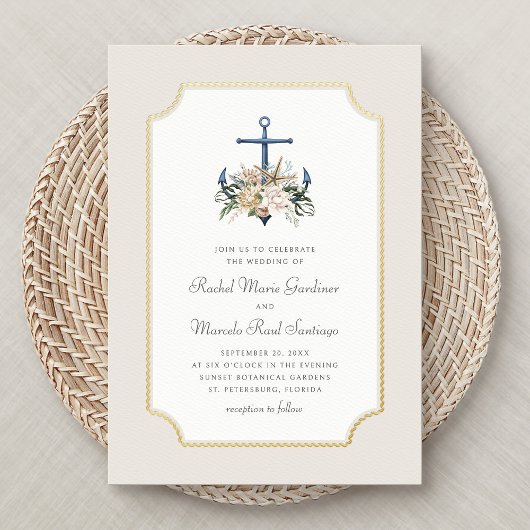 Strandanker nautische bruiloft folie uitnodiging