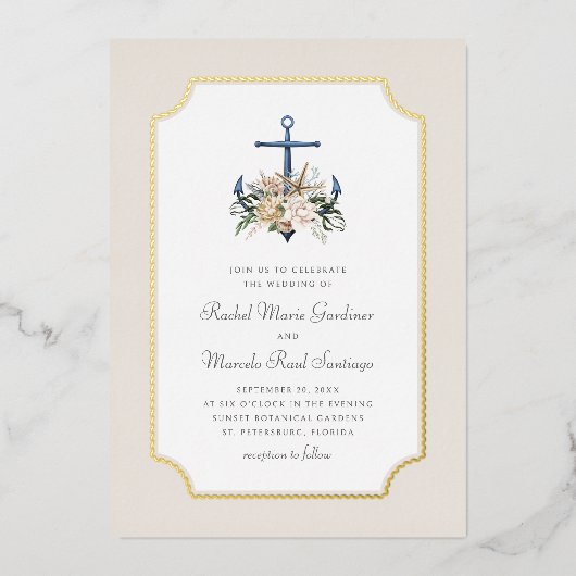 Strandanker nautische bruiloft folie uitnodiging (Voorkant)