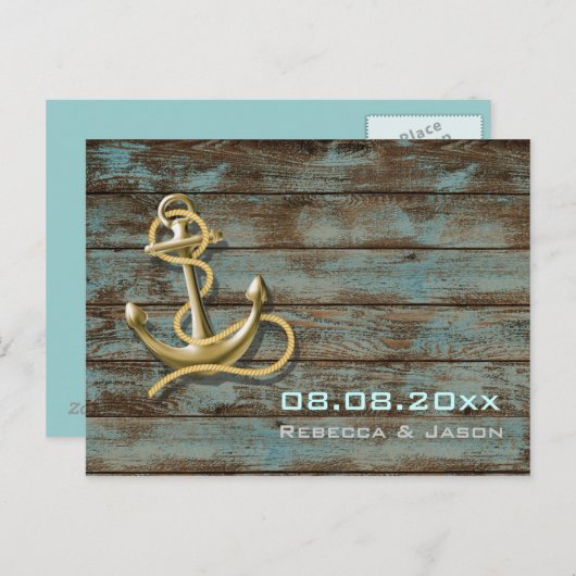 strandanker nautische bruiloft met uitzondering va aankondigingskaart (Voorkant / Achterkant)
