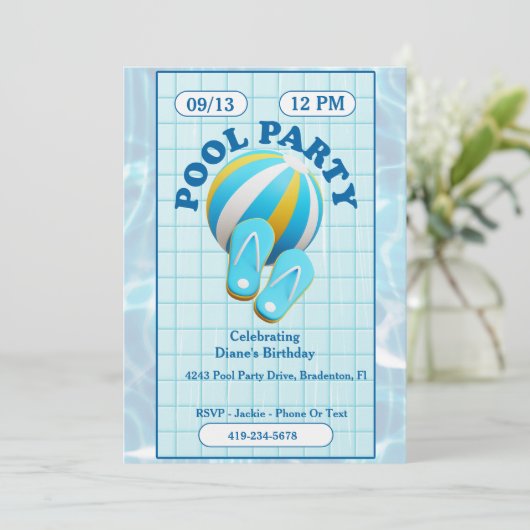 Strandbal en Teenslippers zwembad verjaardagsfeest Kaart (Staand voorkant)