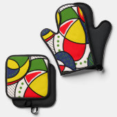 Strandbal Vibes Circles Stippen Rood Geel Blauw Ovenwant & Pannenlap Set (Voorkant / Achterkant)