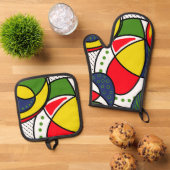 Strandbal Vibes Circles Stippen Rood Geel Blauw Ovenwant & Pannenlap Set (Top down)