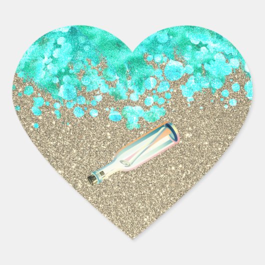 Strandbericht in een flesje oceaan zand goud blauw hart sticker (Voorkant)