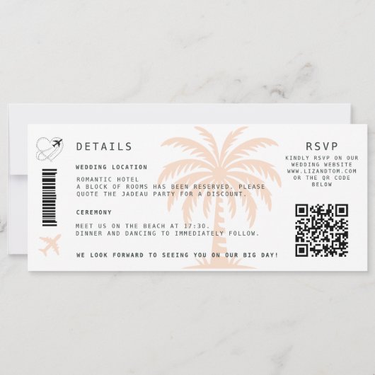 Strandbestemming Boarding Pass QR All One Wedding Kaart (Achterkant)