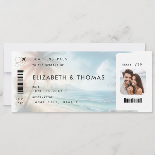 Strandbestemming Boarding Pass QR All One Wedding Kaart (Voorkant)