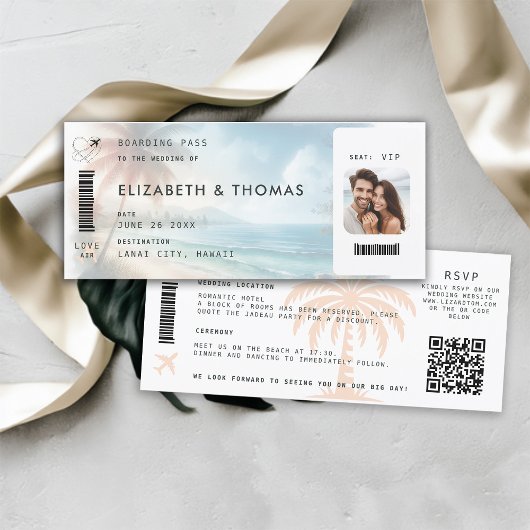 Strandbestemming Boarding Pass QR All One Wedding Kaart