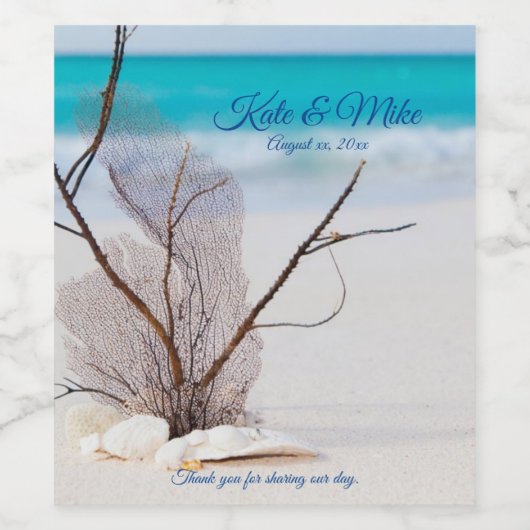 Strandbestemming Bruiloft Koraal schelpen Tropisch Wijn Etiket (Enkel label)