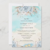 Strandbestemming Bruiloft Pampas Gras Blauw Bloeme Kaart (Voorkant)