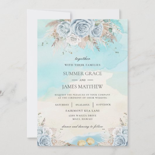 Strandbestemming Bruiloft Pampas Gras Blauw Bloeme Kaart (Voorkant)