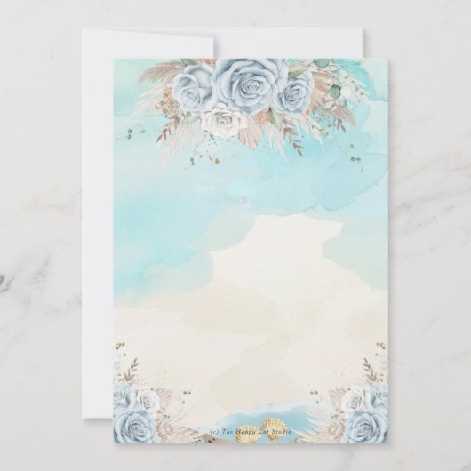 Strandbestemming Bruiloft Pampas Gras Blauw Bloeme Kaart (Achterkant)