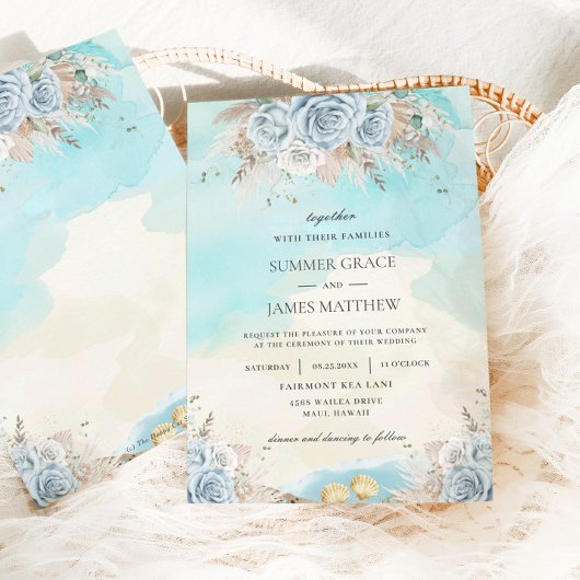 Strandbestemming Bruiloft Pampas Gras Blauw Bloeme Kaart