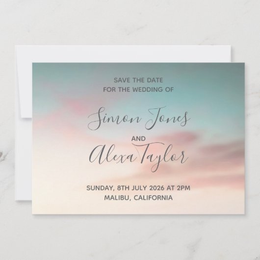 Strandbestemming bruiloft save the date (Voorkant)