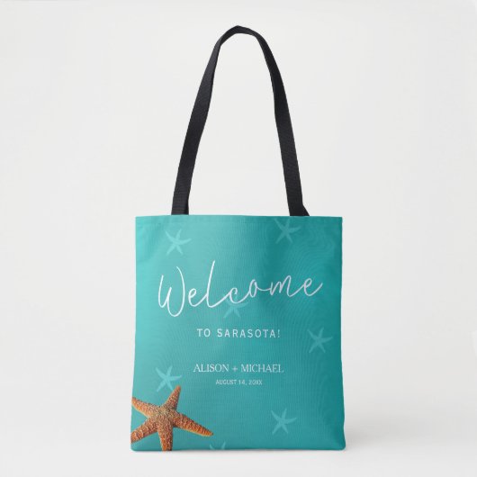 Strandbestemming bruiloft welkom blauwe zeester tote bag (Voorkant)
