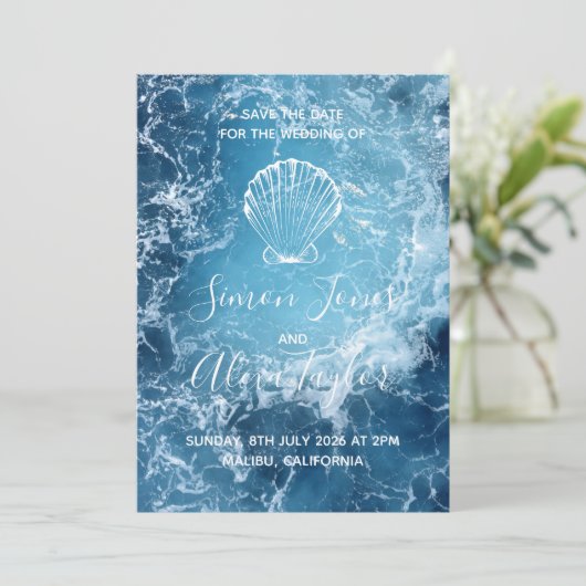 Strandbestemming trouwdag save the date (Staand voorkant)
