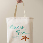 Strandbestemming zeester bruiloft bruidsmeisje tote bag<br><div class="desc">Starfish bruidsmeisje zee / strand / bestemming bruiloft canvas tas met aqua blauw kalligrafie script en bewerkbare tekst. Personaliseer het met de naam van de bruidsmeisje.</div>