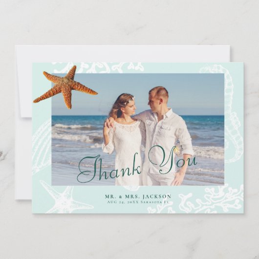 Strandbestemming zeesterren trouwfoto bedankkaart (Voorkant)