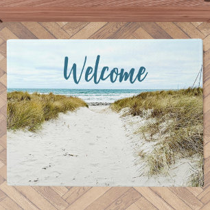 Strandblauw zand aangepaste foto thuis welkom deurmat